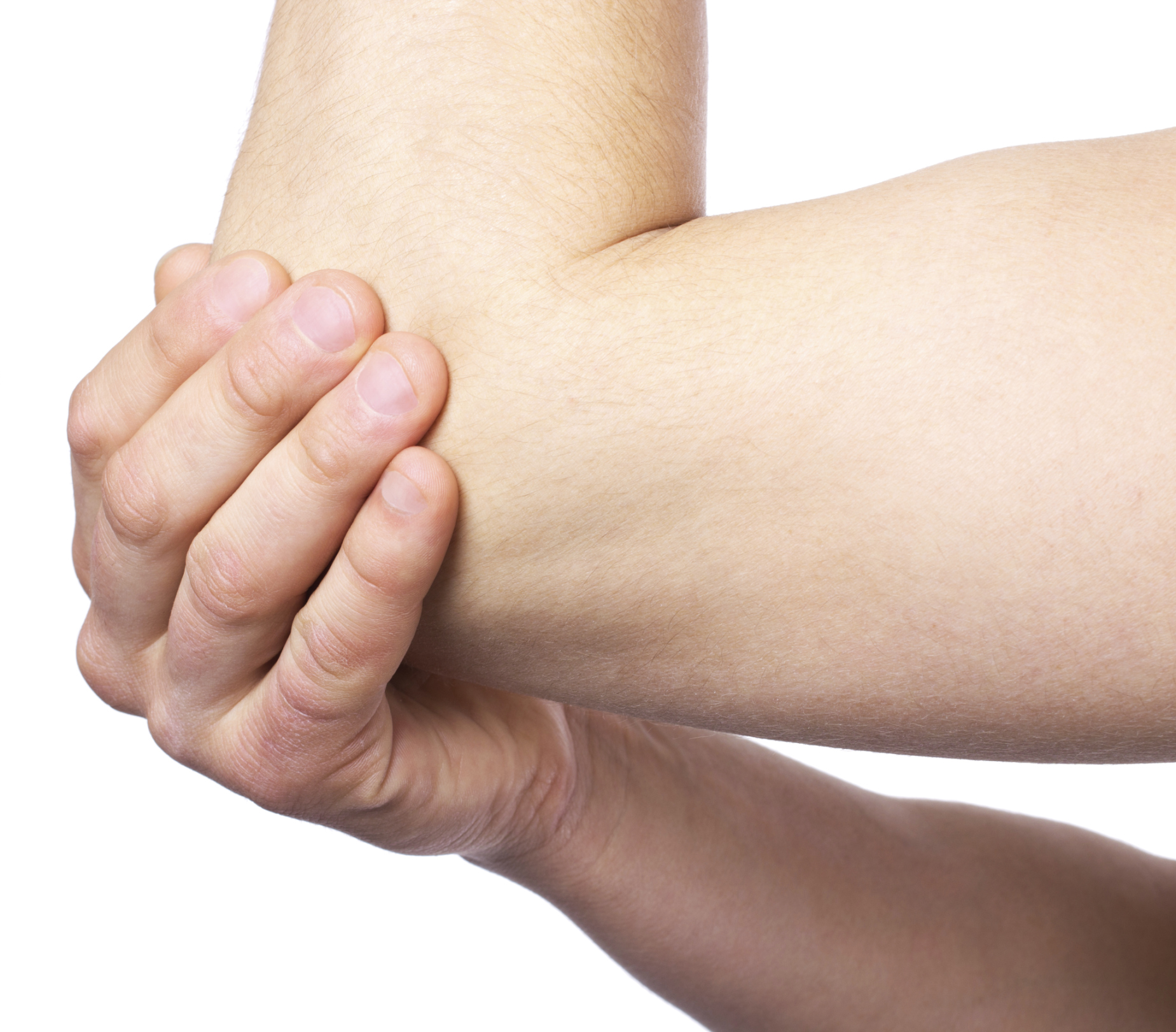Hand holding an injured elbow
